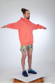 Nigel blue sneakers dressed floral printed shorts salmon hoodie sweatshirt…